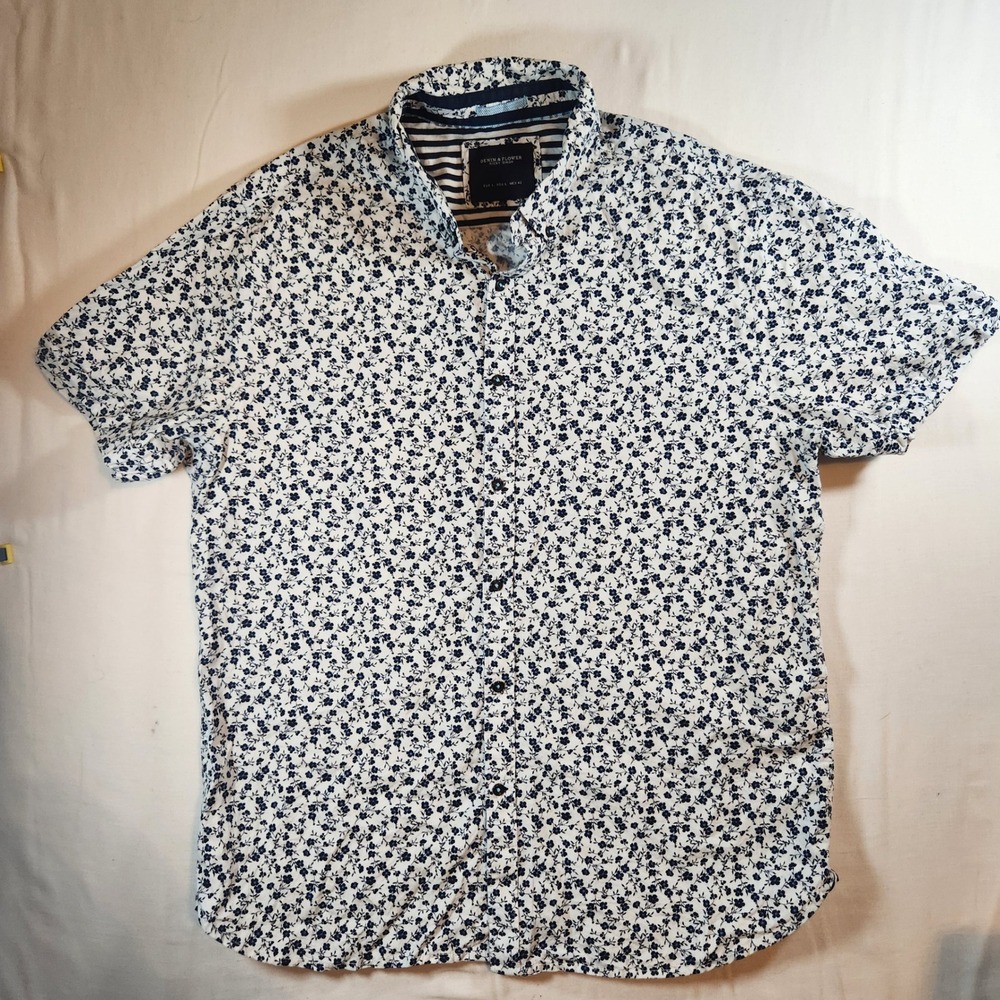 Denim & Flower Ricky Singh Mens Large Floral Short Sleeve Button Down Shirt Navy